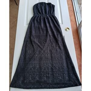 No Comment Black Lace Strapless Maxi Dress M boho goth repaired lined